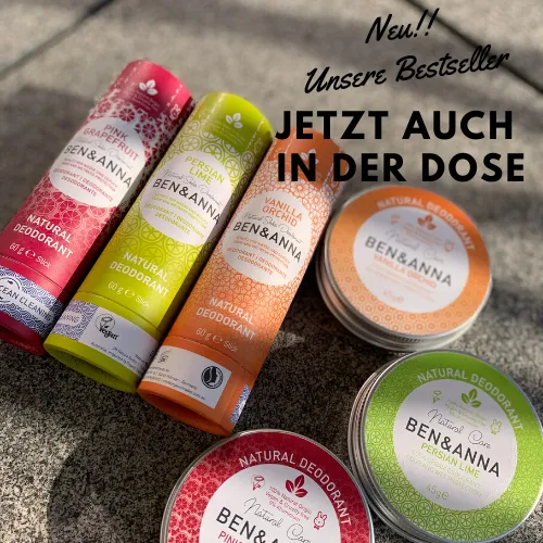 Ben & Anna Natural Deodorants in Sticks und Dosen, plastikfrei und nachhaltig, in Duftvarianten wie Persian Lime und Vanilla Orchid