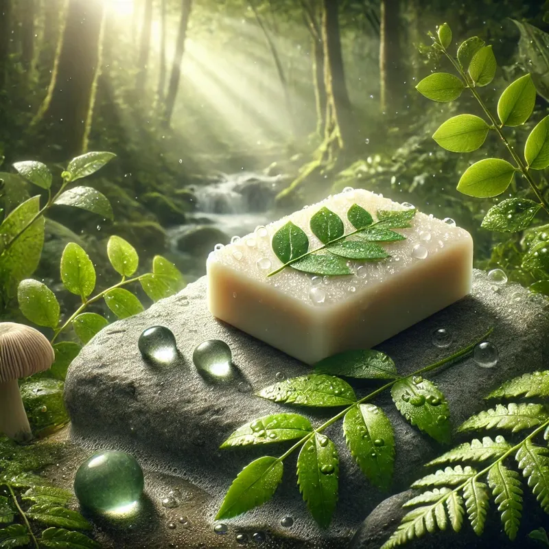Bild eines festen Duschgels in einem natürlichen Umfeld. Es zeigt das Produkt auf einem Stein, umgeben von frischen grünen Blättern und Wassertröpfchen, mit sanftem Sonnenlicht, das durch einen Wald scheint. Es vermittelt Nachhaltigkeit und F