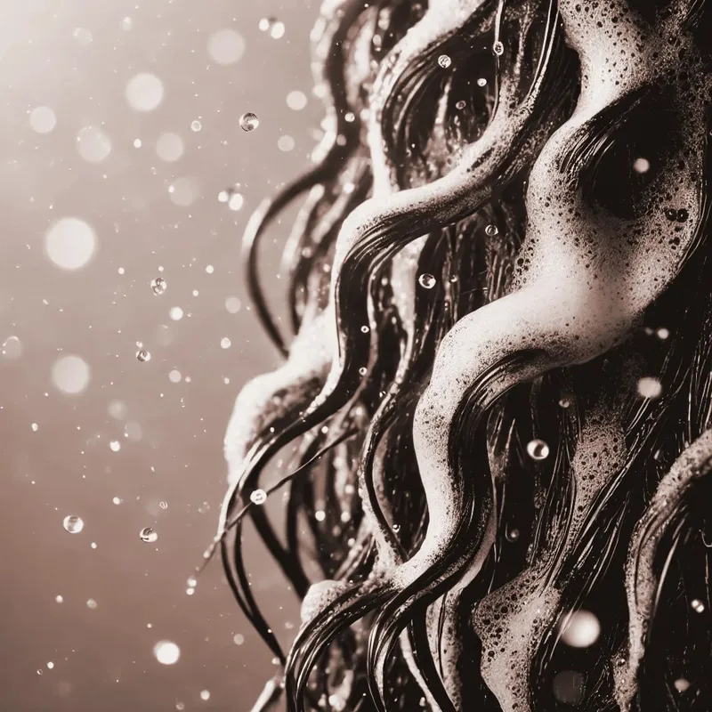 Close-up von nassem, glänzendem Haar in warmen Brauntönen, bedeckt mit cremigem Shampoo-Schaum. Das Bild betont natürliche Haarpflege und Frische, ideal für Inhalte zu sanfter Reinigung, Haarpflege und gesundem Haar. Minimalistischer Hintergrund