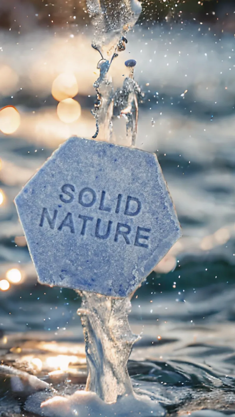 Ein festes Pflegeprodukt von SolidNature in markanter sechseckiger Form, umspielt von spritzendem Wasser. Die dynamische Aufnahme mit glitzernden Wassertropfen und sanftem Licht betont Frische, Natürlichkeit und nachhaltige Pflege.