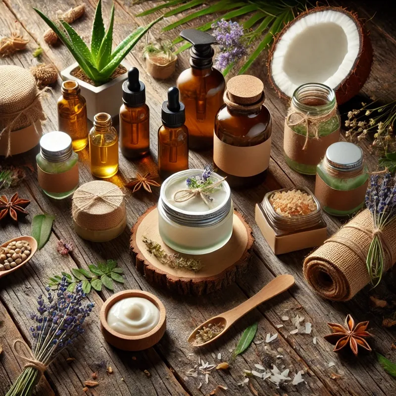 Eine stilvolle Darstellung von Naturkosmetik auf einer Holzoberfläche mit umweltfreundlichen Verpackungen wie Glasgläsern und Bambusbehältern. Umgeben von natürlichen Zutaten wie Aloe Vera, Lavendel und Kokosnuss, vermittelt das Bild Nachhaltigkeit 