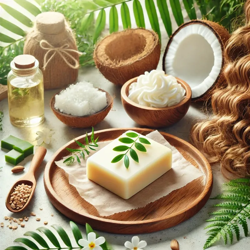 Fester Conditioner auf einem Holztablett, umgeben von natürlichen Zutaten wie Kokosnuss, Aloe Vera und Sheabutter. Nachhaltiges Haarpflegeprodukt für normales und lockiges Haar, ideal für eine plastikfreie und umweltfreundliche Pflegeroutine