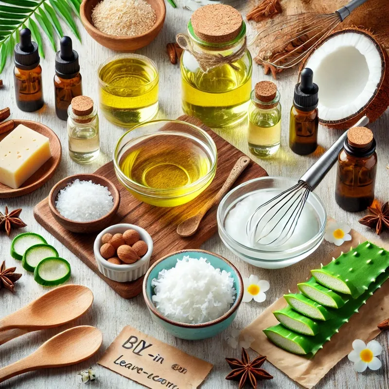 Natürliche Inhaltsstoffe wie Kakaobutter, Kokosöl, Aloe Vera und Mandelöl, stilvoll arrangiert auf einer Holzoberfläche. Das Bild betont die Reinheit und Nachhaltigkeit hochwertiger, natürlicher Pflegeprodukte für Haut und Haar.